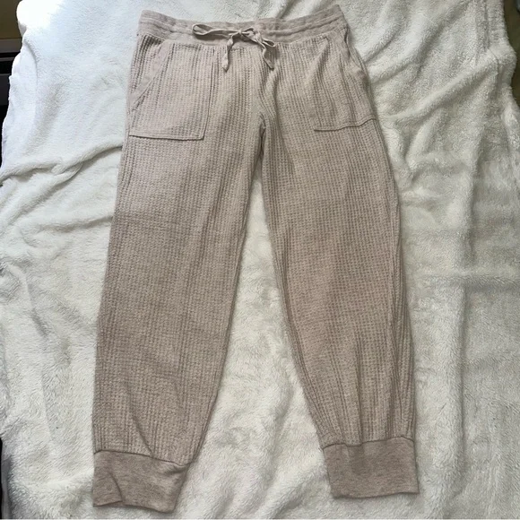 Splendid Waffle Knit Cream Jogger Pants L Drawstring Pockets Neutral Loungewear - Picture 1 of 10